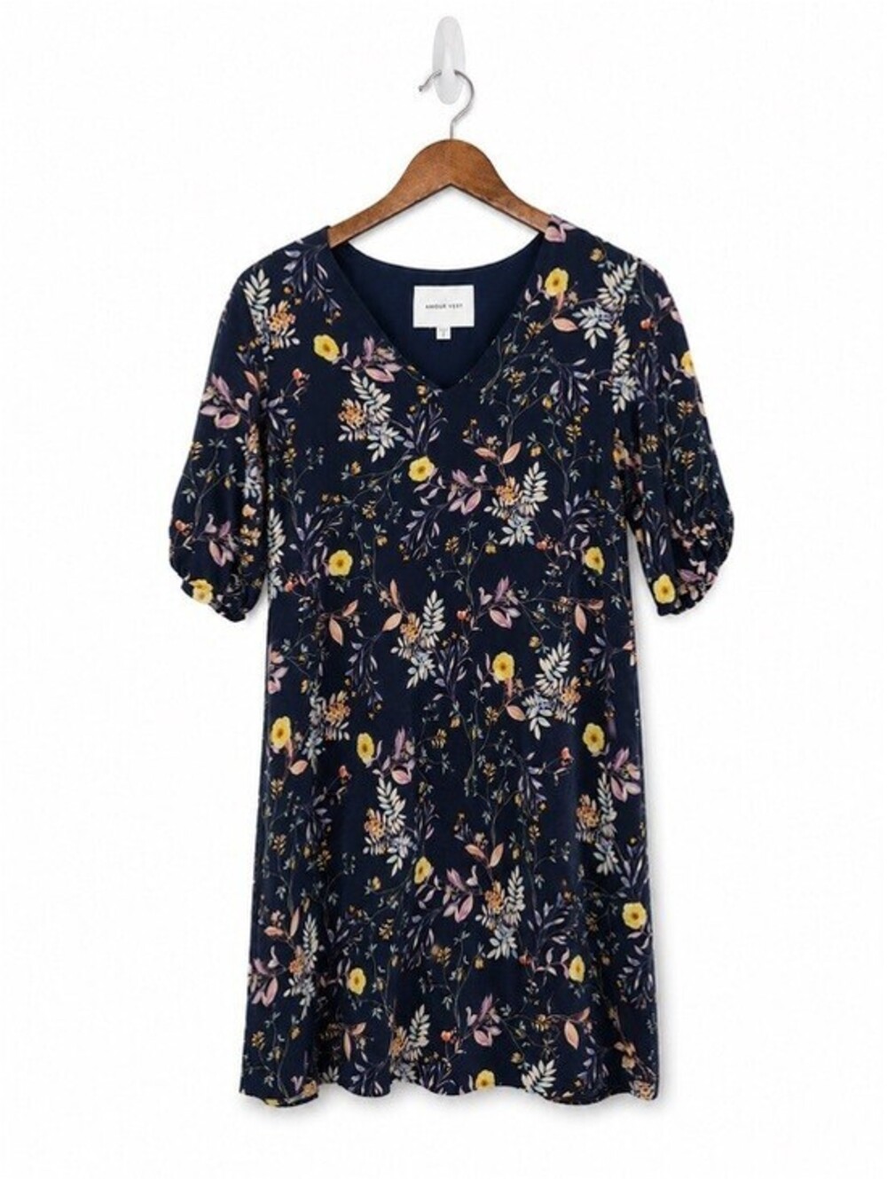 Amour Vert 100% Silk Floral V-Neck Blouse Women's Small Navy Made in USA